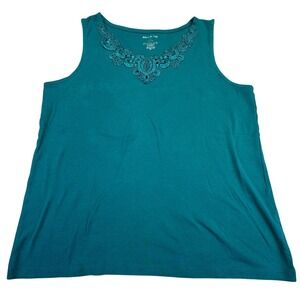 White Stag Tank Top Women's Size Large Embroidered Neckline Blue Teal Lace